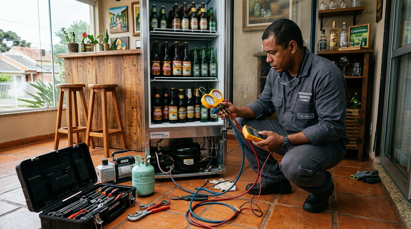 Técnico realizando manutenção de motor de cervejeira em Volta Redonda‑RJ