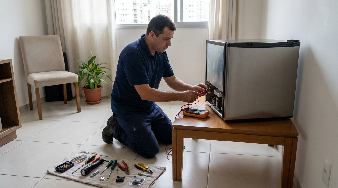 Técnico realizando manutenção de motor de frigobar em Volta Redonda‑RJ